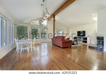 Spacious family room with ceiling wood beam
