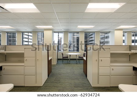 Cubicles and meeting area in a downtown office building