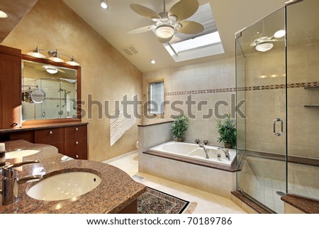 Contemporary Master Bathroom on Modern Master Bath With Glass Shower And Skylight Stock Photo 70189786