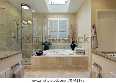Luxury Master Bath With Skylight Over Bath Tub Stock Photo ...