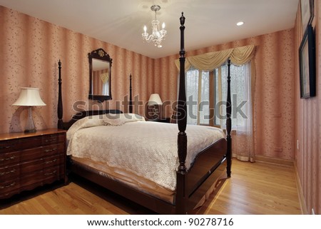 Guest bedroom with maroon wallpaper