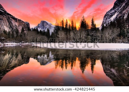 Nature Landscape of Yosemite National Park, California, USA.Yosemite National Park is in Sierra Nevada Area.In this landscape picture, you can see Half Dome, reflection, sunrise, and colorful sky