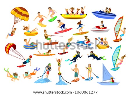Summer water beach sea sports activities. active people, man, woman, couple, family windsurfing, surfing, jet ski, stand up paddleboard, snorkel, scuba dive, tubing, ride speed boat and banana float