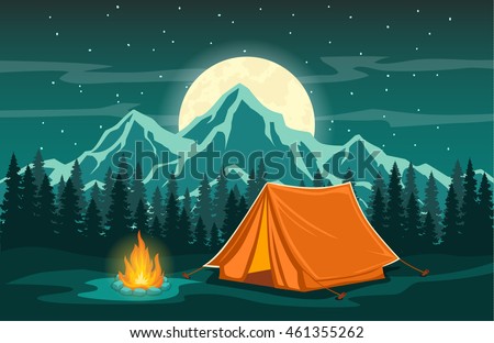 Family Adventure Camping Evening Scene.  Tent, Campfire, Pine forest and rocky mountains background, starry night sky with moonlight