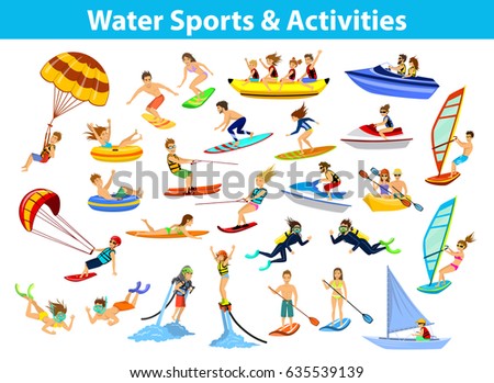 Summer water beach sports, activities set. People man woman family windsurfing, surfing, jet water skiing, paddleboarding, tubing, ride banana float, parasailing, wakeboarding, kitesurfing,