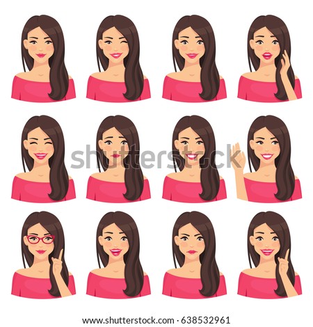 Beautiful woman portrait with different facial expressions set isolated on white background. Young girl smiling, surprised, happy, smiling, idea, kind, angry, greeting emotion face vector character.