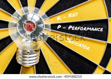KPI acronym of key performance indicator with idea bulb lamp target on dartboard background,  Top view, Business concept,