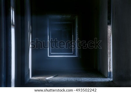 Creepy walkway hallway in abandoned building, darkness horror night