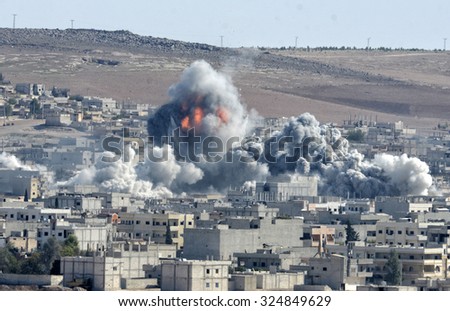 Coalition forces hitting to ISIS target in Kobani discirt in Syria, 22 October 2014, Suruc, Turkey.