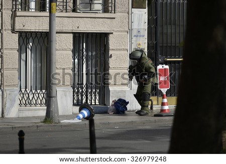 ISTANBUL,TURKEY, 27 JUNE 2015 Bomb disposal expert destroyed to suspicious package near Taksim Square.