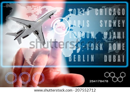 Man and airliner. Computer display, technology.