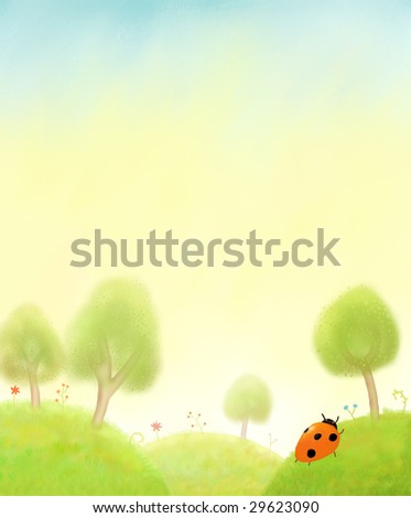 Spring green hills with trees and ladybug