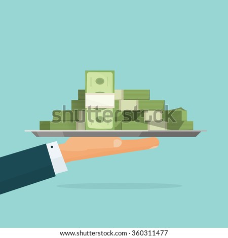 Business man hand holding tray with big pile of money vector symbol illustration, bank loan cash giving, credit packet, hypothec, mortgage, salary payment, modern design isolated, flat style emblem
