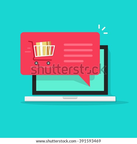 Laptop with shopping cart full, red speech bubble vector illustration, online ordering notification concept, ecommerce, order delivery service modern flat icon design isolated on blue background