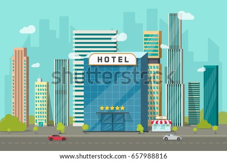 Hotel in the city view vector illustration, flat cartoon hotel building on street road and big skyscraper town landscape, font view cityscape panorama clipart