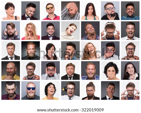 Diverse people's faces. Collage of diverse multi-ethnic and mixed age people expressing different emotions and feelings.
