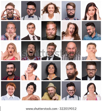 Diverse people with different emotions. Collage of diverse multi-ethnic and mixed age range people expressing different emotions.