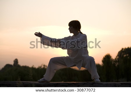 woman in white suit make\'s taiji chuan exercise - chinese marshal art