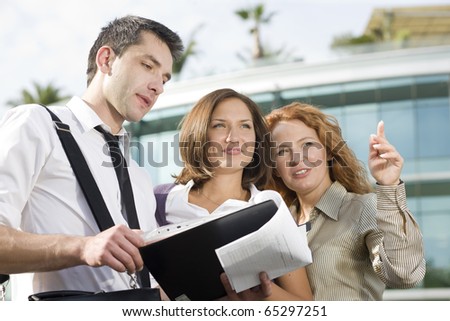 Group of office workers stay outdoor