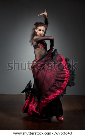Flamenco dancer in beautiful dress on dark background