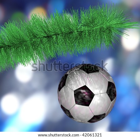 Soccer ball hanging on the Christmas tree branch