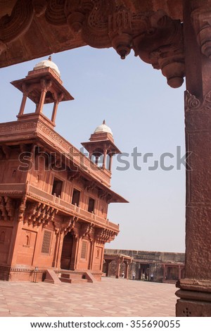 Red sandstone palace buildings in Agra Fort Delhi