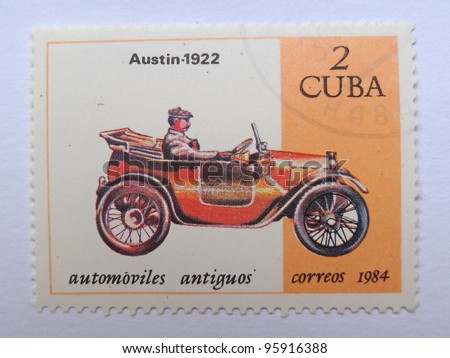 CUBA-CIRCA 1984: A stamp printed in Cuba shows a vintage car, which was produced by Austin Company in 1922, circa 1984.