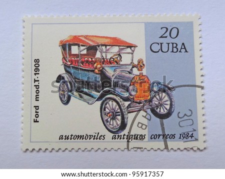 CUBA-CIRCA 1984: A stamp printed in Cuba shows a vintage car, which was produced by Ford Company in 1908, circa 1984.