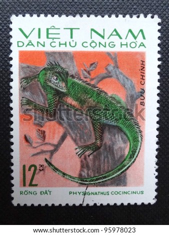 NORTH VIETNAM - CIRCA 1975: A stamp printed in NORTH VIETNAM shows a Chinese Water Dragon (Physignathus cocincinus) also known as Asian Water Dragon or Green Water Dragon, circa 1975.