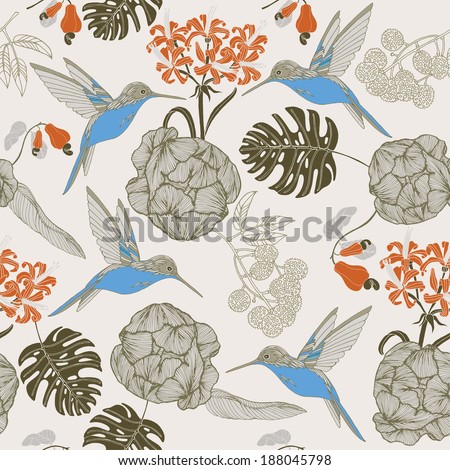 hand draw tropical flower and bird blossom cluster seamless pattern background hand draw tropical flower and bird blossom cluster seamless pattern background