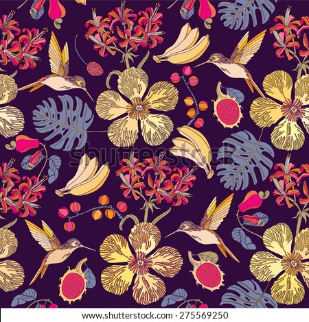 Tropical exotic flowers, fruits and birds. Seamless background.