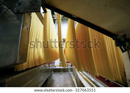 PARMA, ITALY - 3 OCTOBER 2012: Strands of spaghetti move through the production line inside a pasta factory.