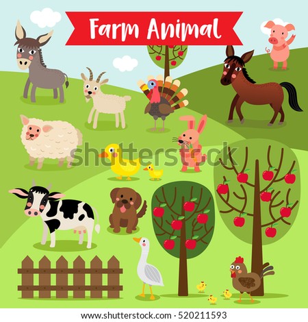 Farm Animal cartoon and apple trees. Goat. Chicken. Chick. Goose. Donkey. Sheep. Horse. Duck. Rabbit. Pig. Dog. Cow. Turkey. Vector illustration.