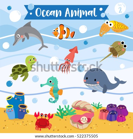 Ocean Animal cartoon underwater background. Turtle. Whale. Squid. Crab. Dolphin. Oyster. Clownfish. Barnacle. Cuttlefish. Sea Squirt. Horseshoe Crab. Seahorse. Vector illustration. Set 2.
