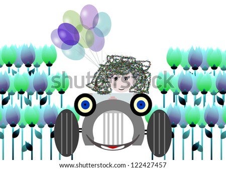 child drives her automobile among the flowers