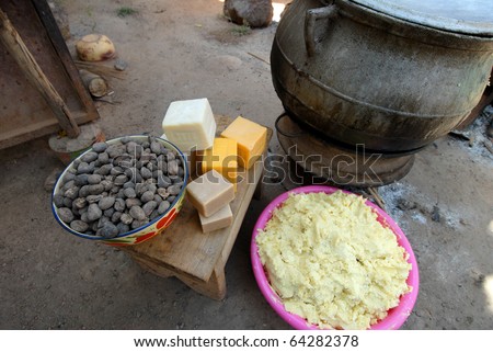 elements of shea butter, nuts, cream and soap