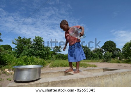 SALIMA, MALAWI-APRIL 10:African unidentified child take water far from their home, in Salima on April 10, 2011.Many children do kilometers on foot and do not attend school to help their family during drought.
