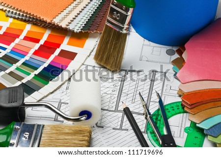 tissue samples, leather, paints and paint repair on the architectural plan.This composition recommend using advertising tools and materials for the repair of articles in magazines and on the Internet.