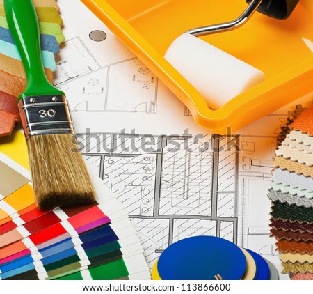 Paints, brushes and accessories for repair to architectural drawing