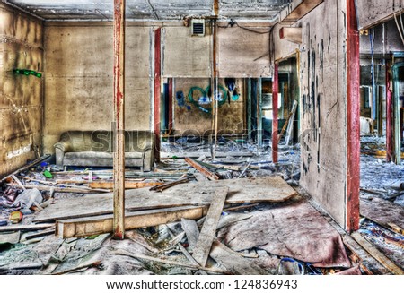 destroyed and ruined interior space shot in technology HDR