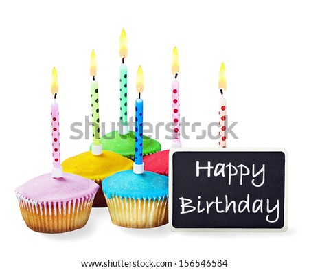 colorful happy birthday cupcakes with candles with compliments