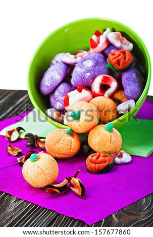 candy and pumpkin souffle of a holiday Halloween on a white background