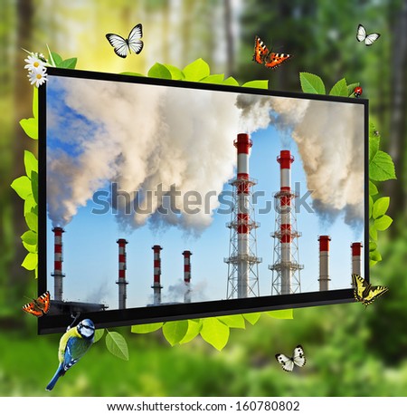pollution of the environment. TV panel as a window cleaner of forests in the polluted atmosphere.