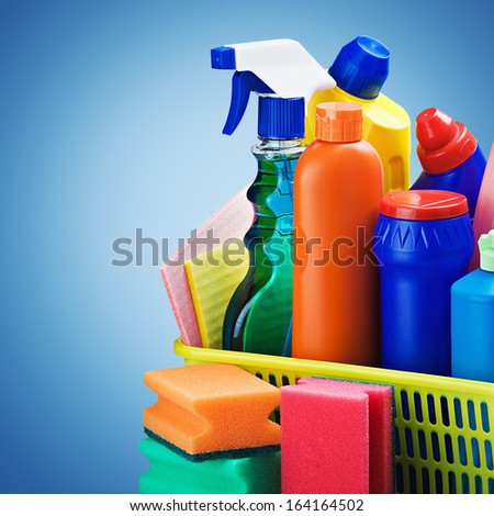 cleaners supplies and cleaning equipment on a blue background