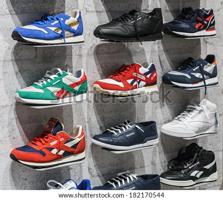 RUSSIA, MOSCOW - MARCH 10, 2014: Reebok Sports shop in Moscow. Reebok International company manufacturing sportswear and accessories. Headquartered in the Boston suburb of Canton (Massachusetts).