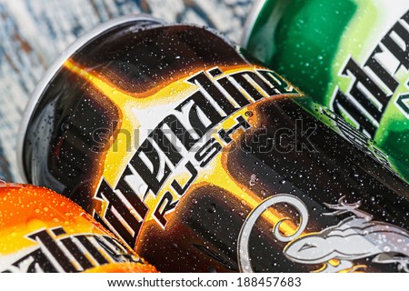 Moscow, Russia - March 18, 2014: various energy drinks adrenaline rush. Own brand Adrenaline Rush is a company PepsiCo (PepsiCo). PepsiCo - the second-largest producer of food and beverages.