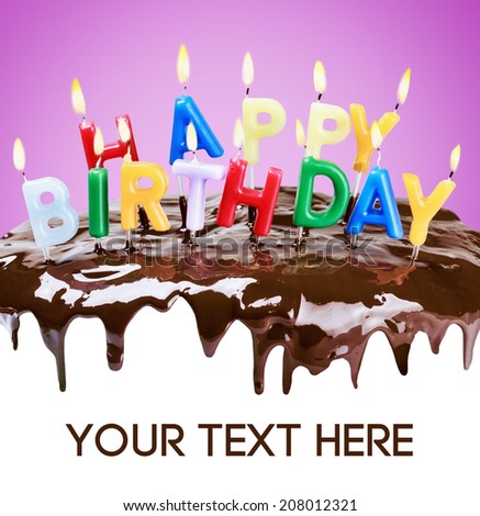lighted candles on a birthday cake. Bottom white space for text or congratulations. text font from open sources, free license of use