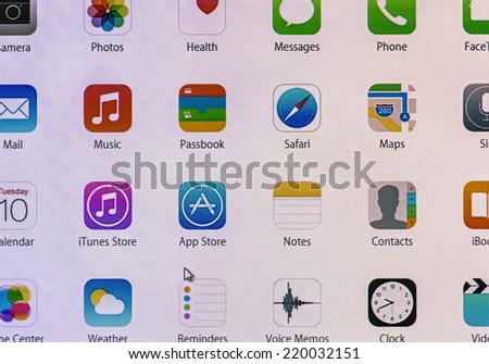 Moscow, Russia - September 24, 2014: operating system of Apple iOS 8 homescreen. iOS 8 mobile operating system designed by Apple Inc. is an upcoming September 17, 2014.