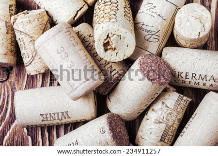 Moscow, Russia - November 27, 2014: Wine corks famous wine producers Massandra, Chateau, Inkerman, etc.