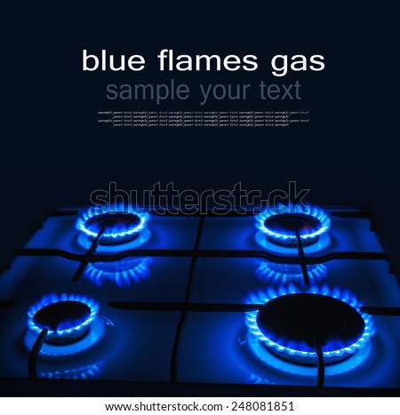 Blue flames of gas burning from a kitchen gas stove with space for text on top. Focus the front edge of the hotplate